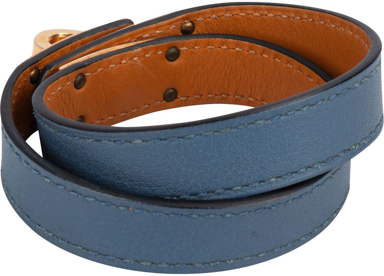 Hermès Kelly Blue Leather Double Tour Bracelet (XS) Blauw
