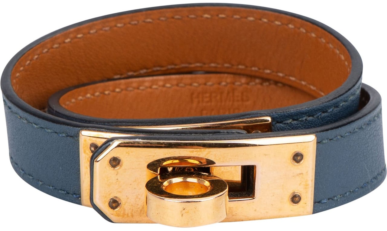 Hermès Kelly Blue Leather Double Tour Bracelet (XS) Blauw