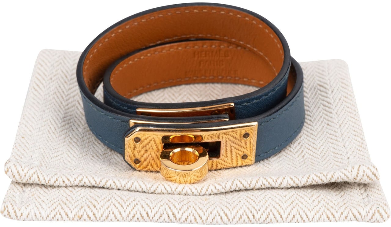Hermès Kelly Blue Leather Double Tour Bracelet (XS) Blauw