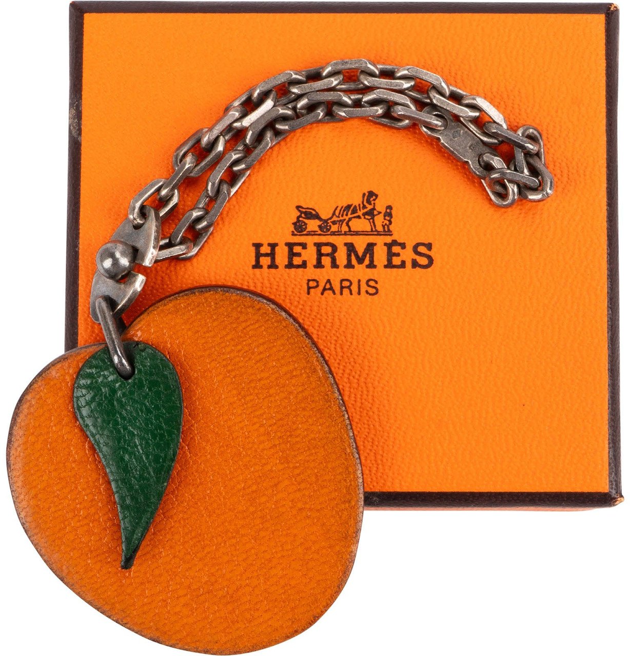 Hermès 925 Sterling Silver Leather Fruit Apricot Keychain Bag Charm Oranje