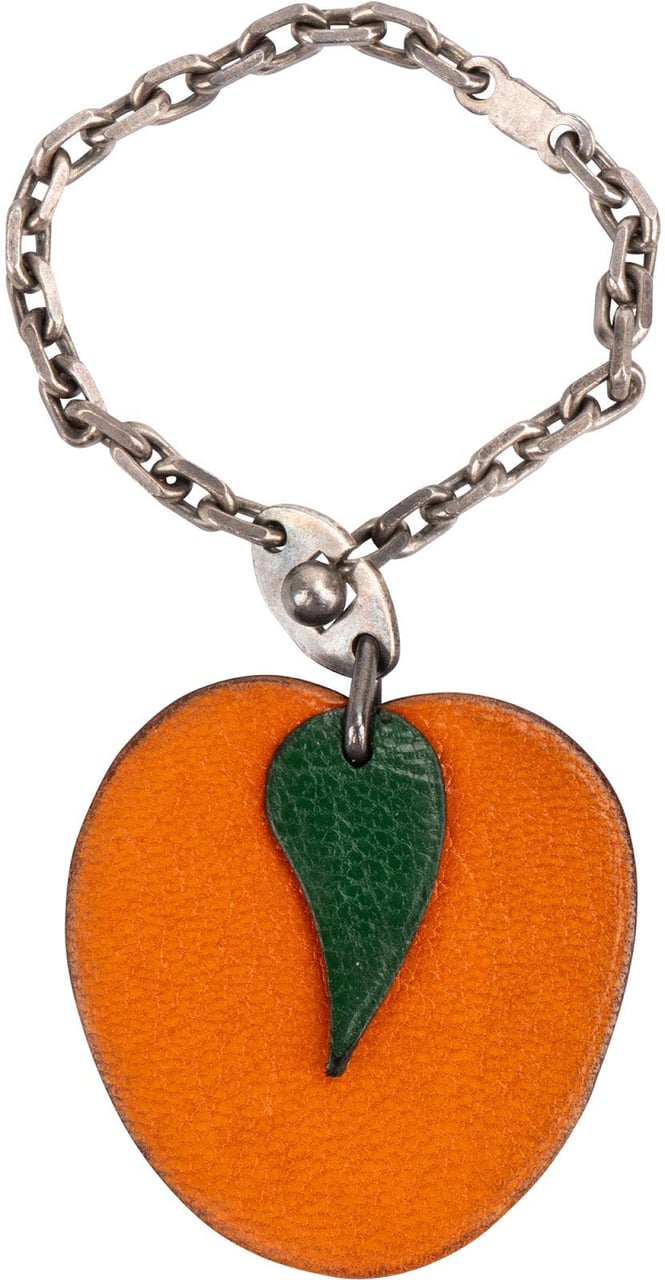Hermès 925 Sterling Silver Leather Fruit Apricot Keychain Bag Charm Oranje