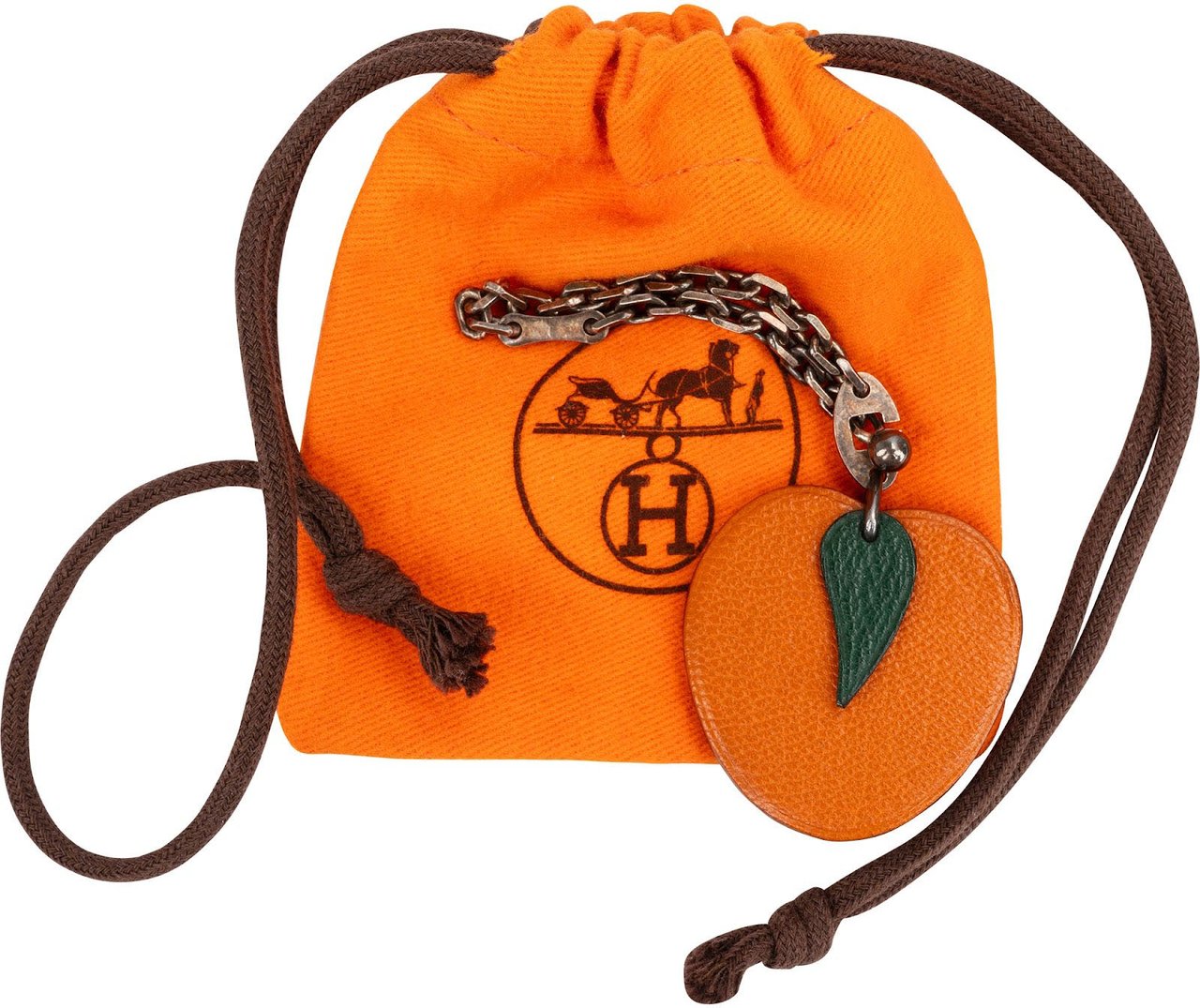 Hermès 925 Sterling Silver Leather Fruit Apricot Keychain Bag Charm Oranje