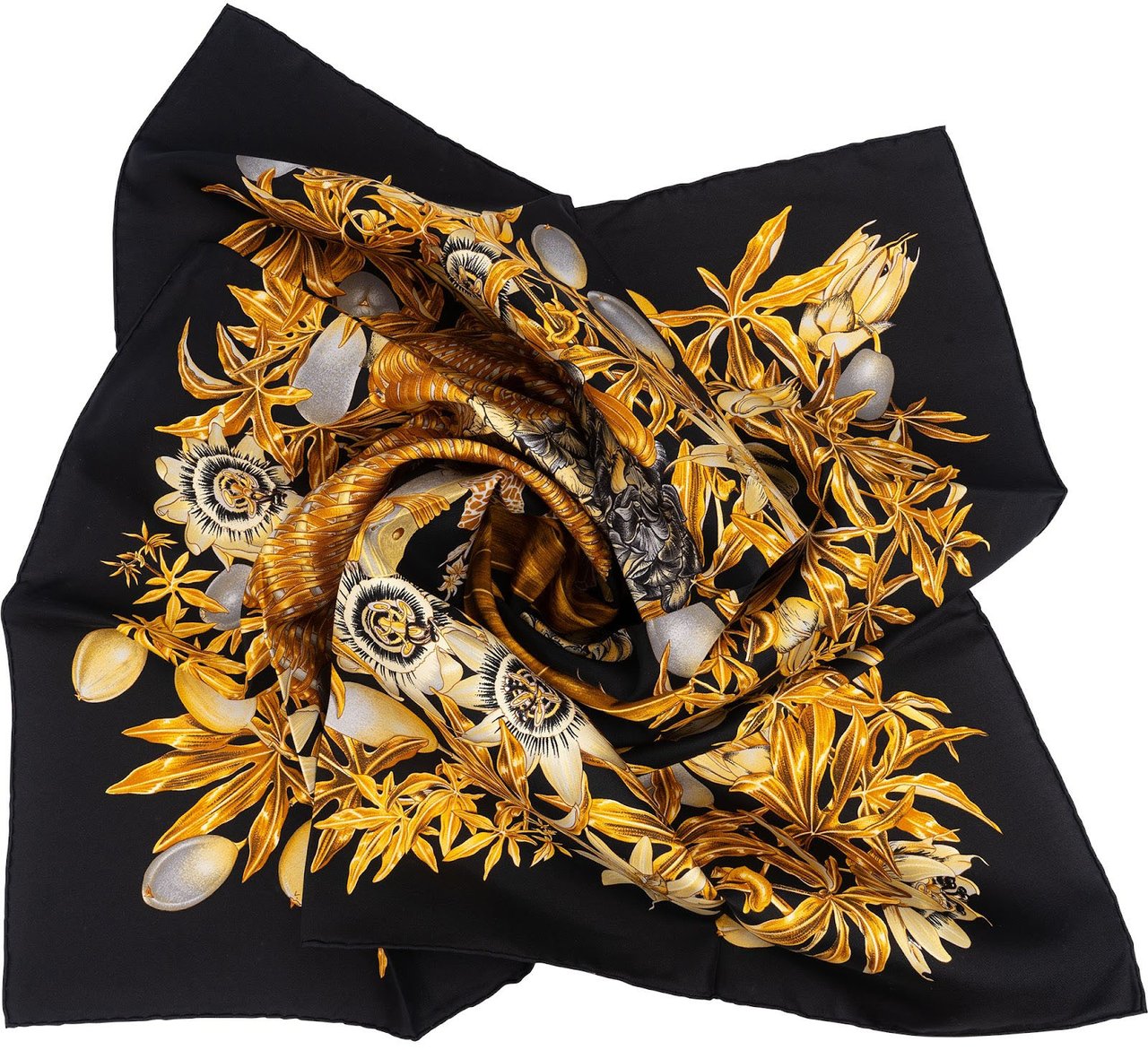 Hermès Passiflores Silk Carre 90 Scarf Tuch Zwart