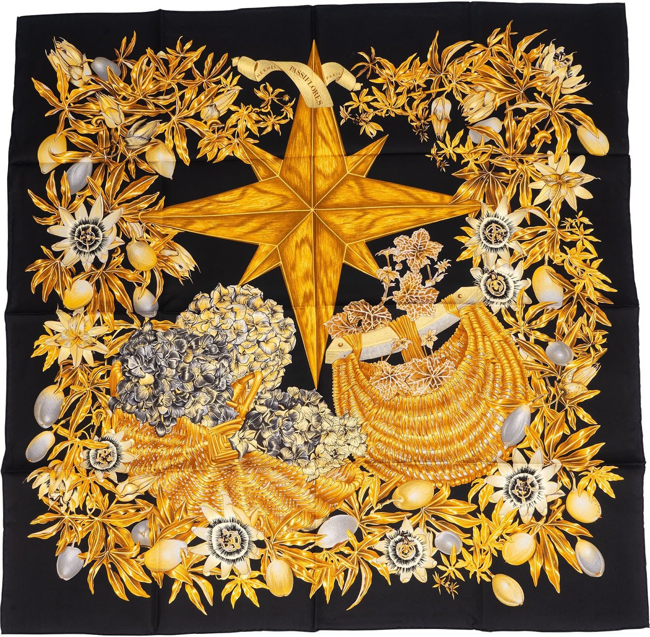 Hermès Passiflores Silk Carre 90 Scarf Tuch Zwart
