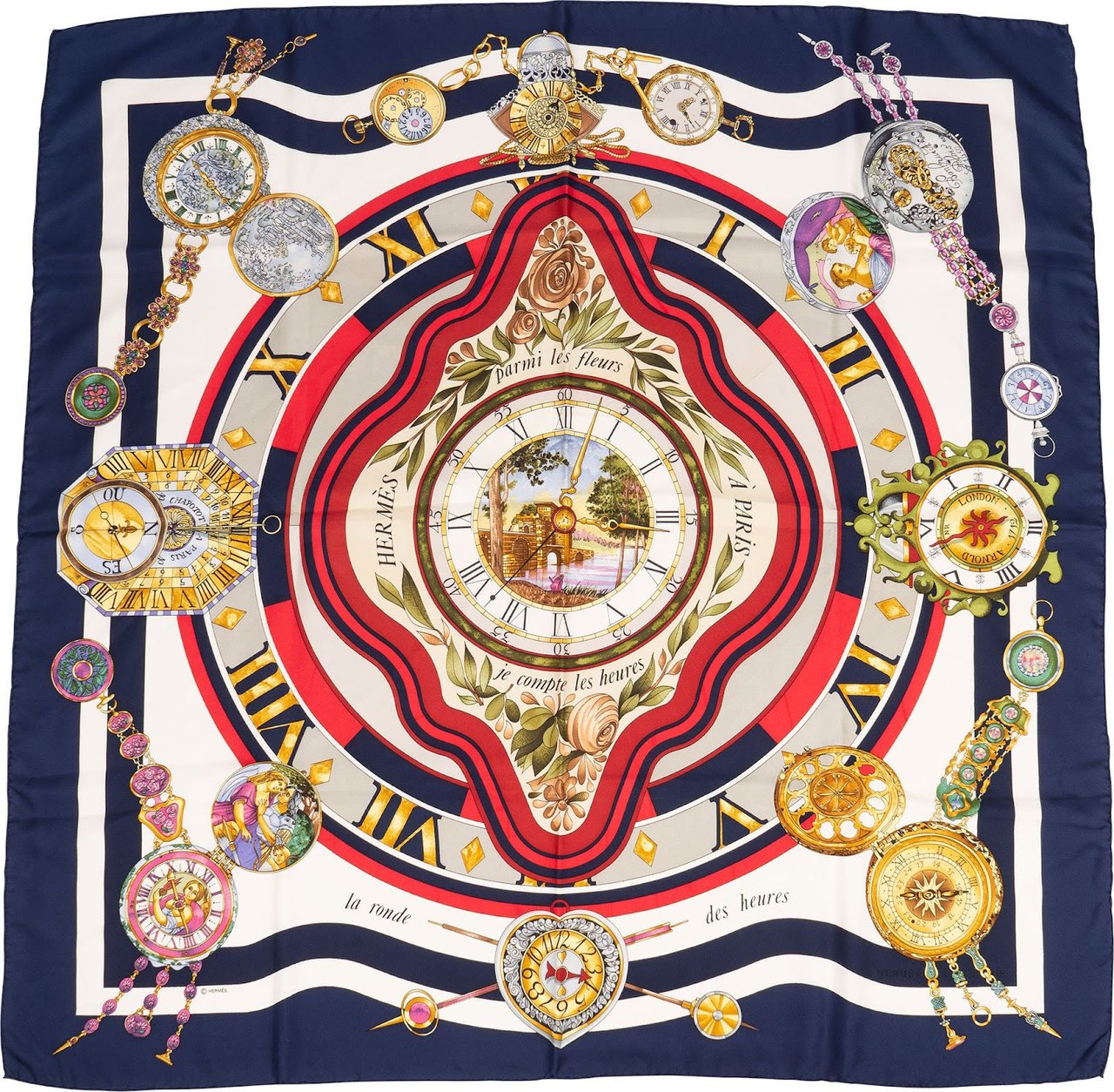 Hermès La Ronde des Heures Silk 90 Scarf Tuch Wit