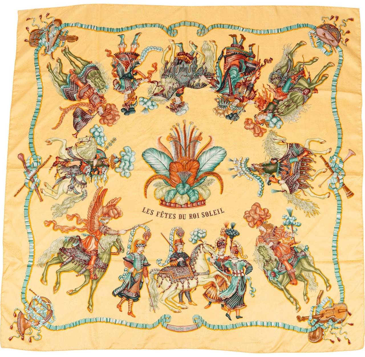 Hermès Les Fêtes du Roi Soleil Silk Carre 90 Scarf Tuch Geel