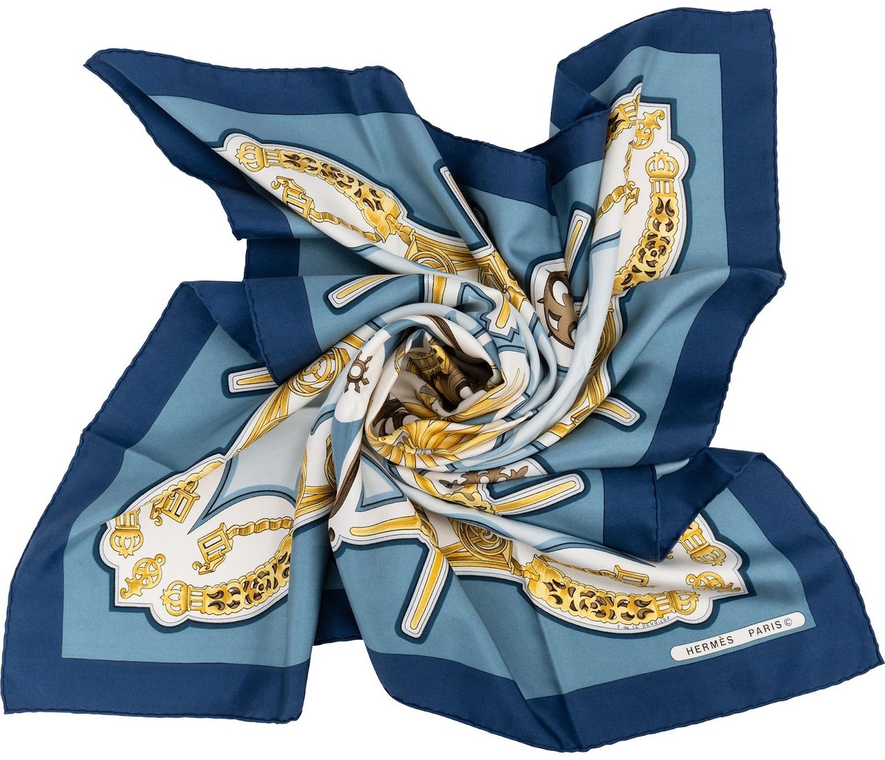 Hermès Les Eperons Silk Carre 90 Scarf Tuch Blauw