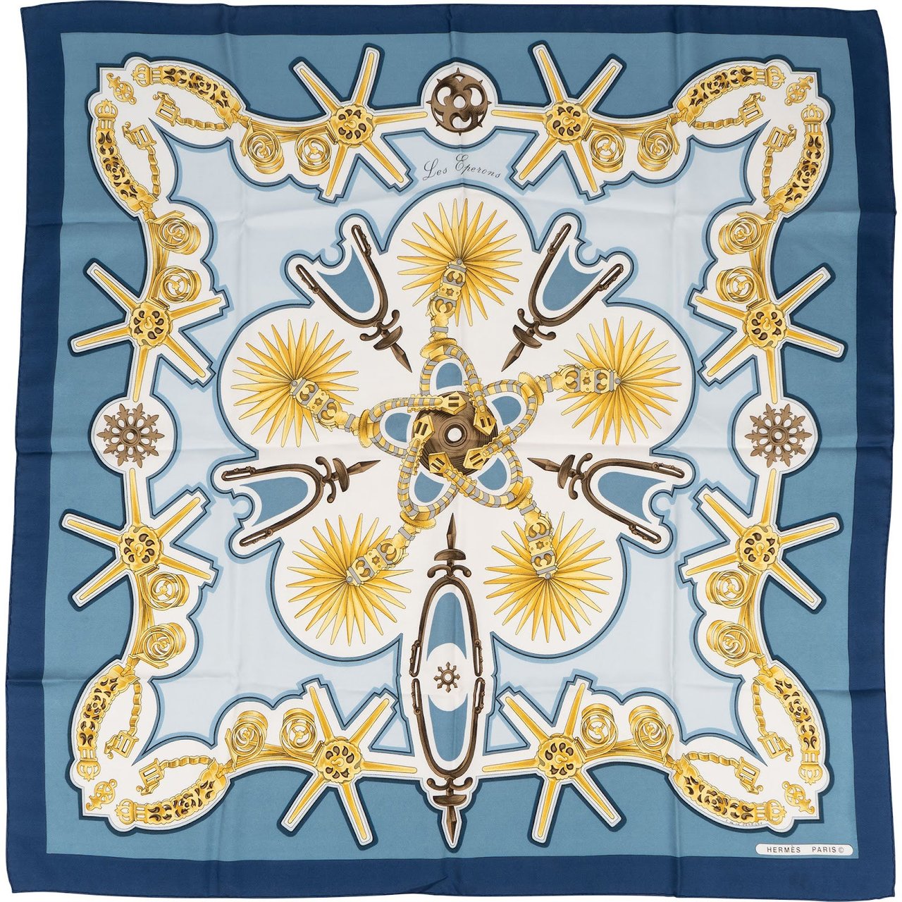 Hermès Les Eperons Silk Carre 90 Scarf Tuch Blauw