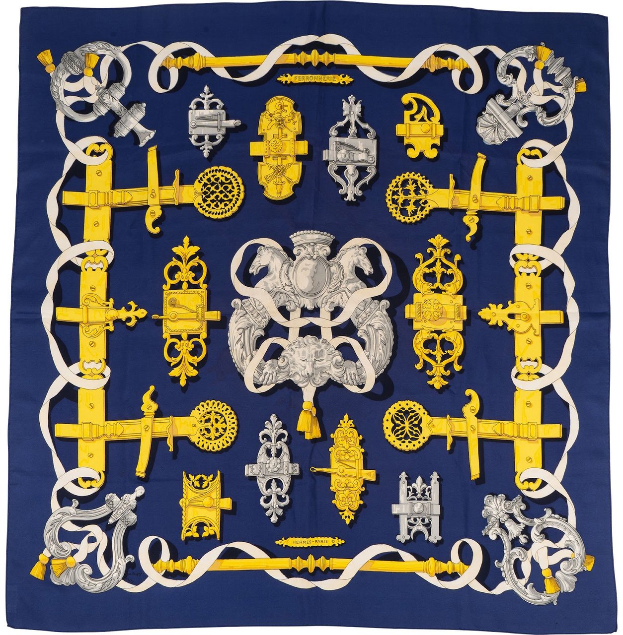 Hermès Ferronnerie Silk Carre 90 Scarf Tuch Blauw