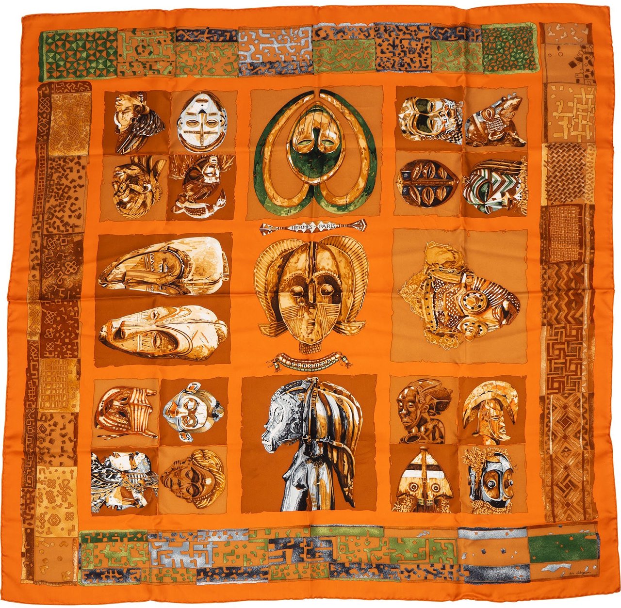 Hermès Les Masques Silk 90 Scarf Tuch Oranje