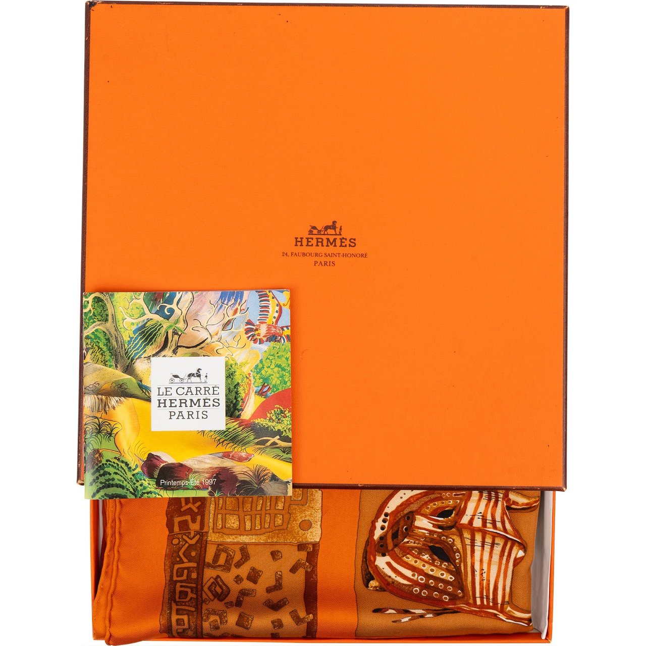 Hermès Les Masques Silk 90 Scarf Tuch Oranje