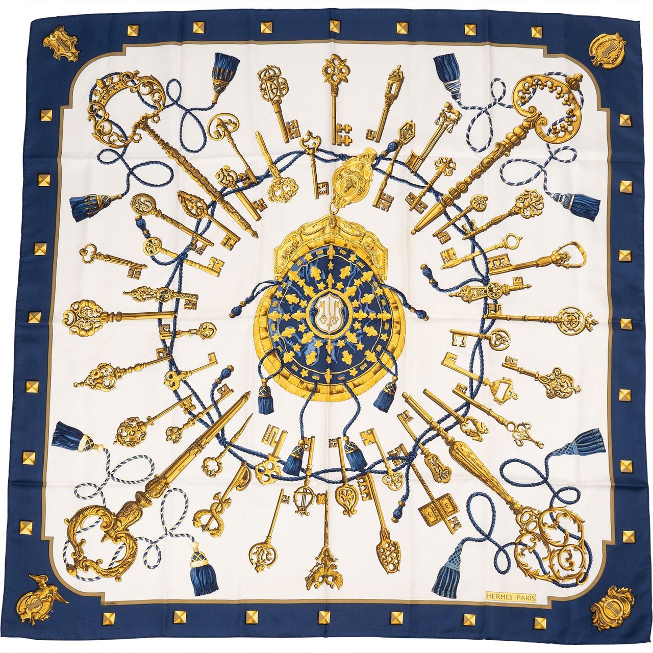 Hermès Les Clés Silk Carre 90 Scarf Tuch Wit