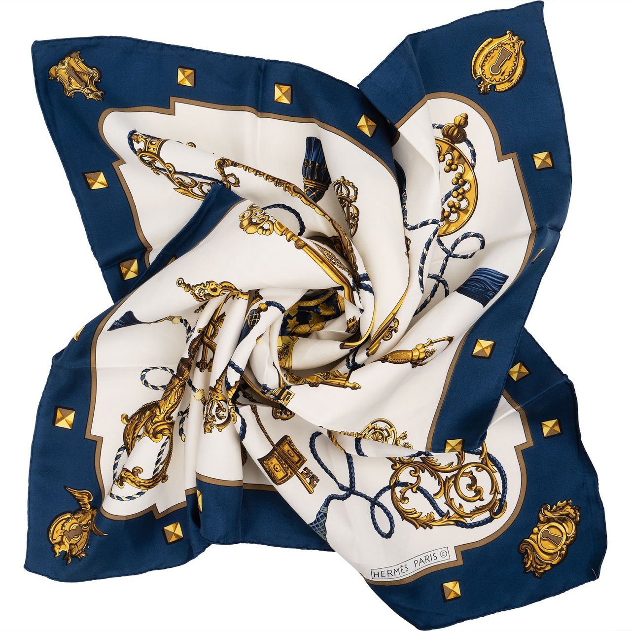 Hermès Les Clés Silk Carre 90 Scarf Tuch Wit