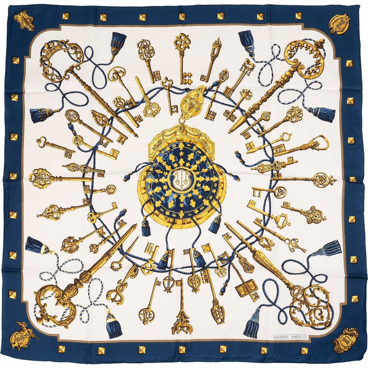 Hermès Les Clés Silk Carre 90 Scarf Tuch Wit