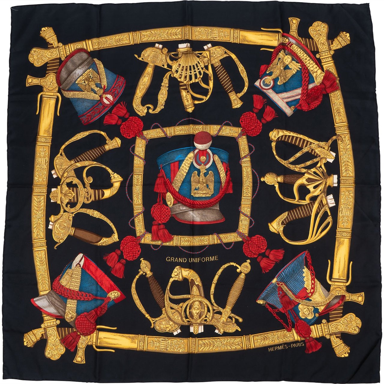 Hermès Grand Uniforme Silk 90 Scarf Tuch Zwart