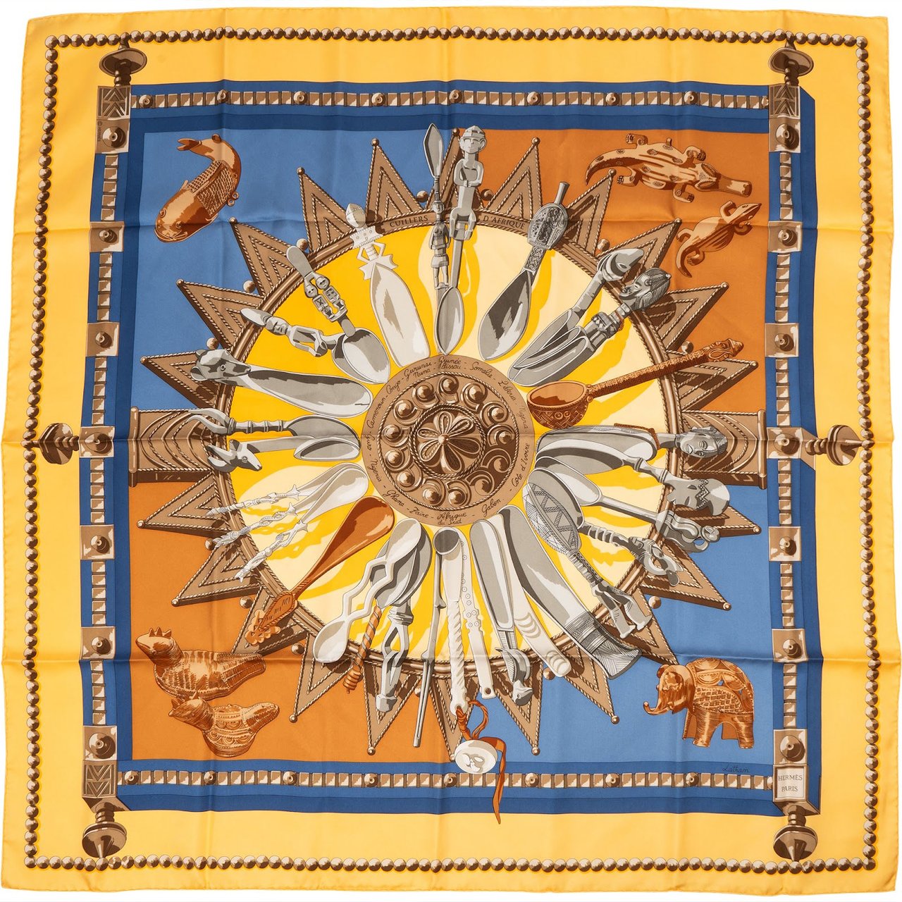 Hermès Cuillers d'Afrique Silk 90 Scarf Tuch Geel