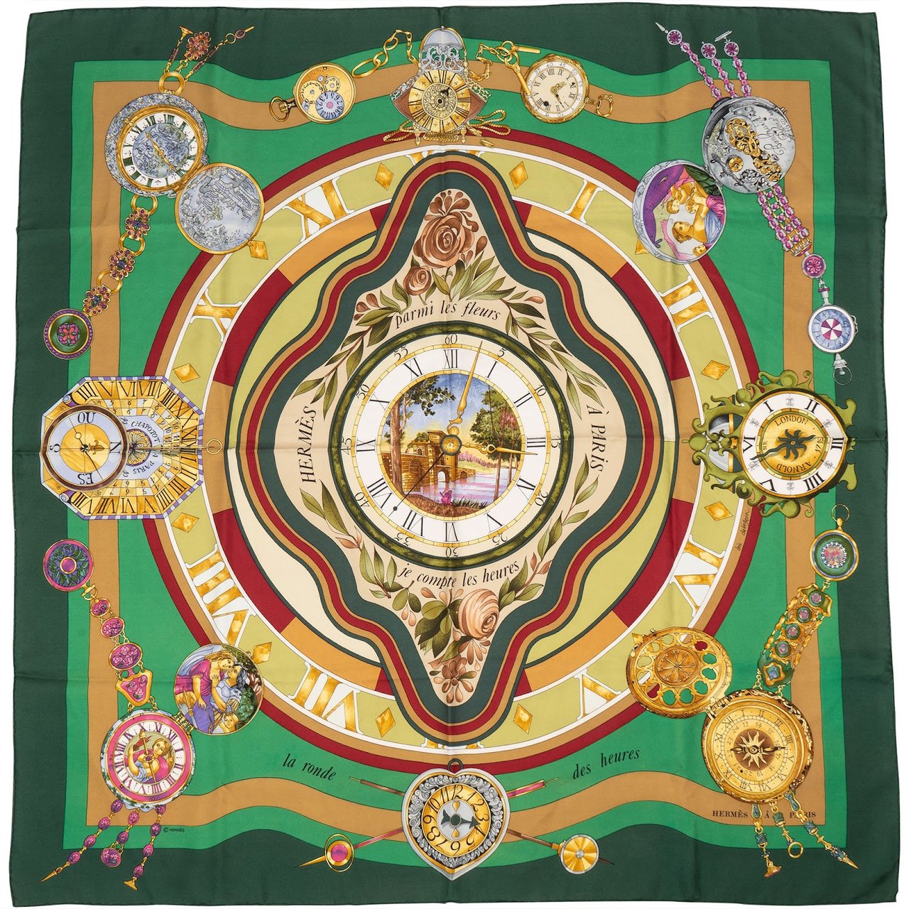 Hermès La Ronde des Heures Silk 90 Scarf Tuch Groen