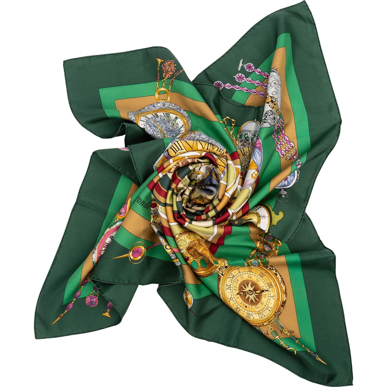 Hermès La Ronde des Heures Silk 90 Scarf Tuch Groen