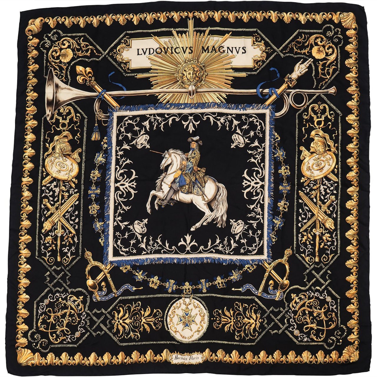 Hermès Ludovicus Magnus Silk Carre 90 Scarf Tuch Zwart