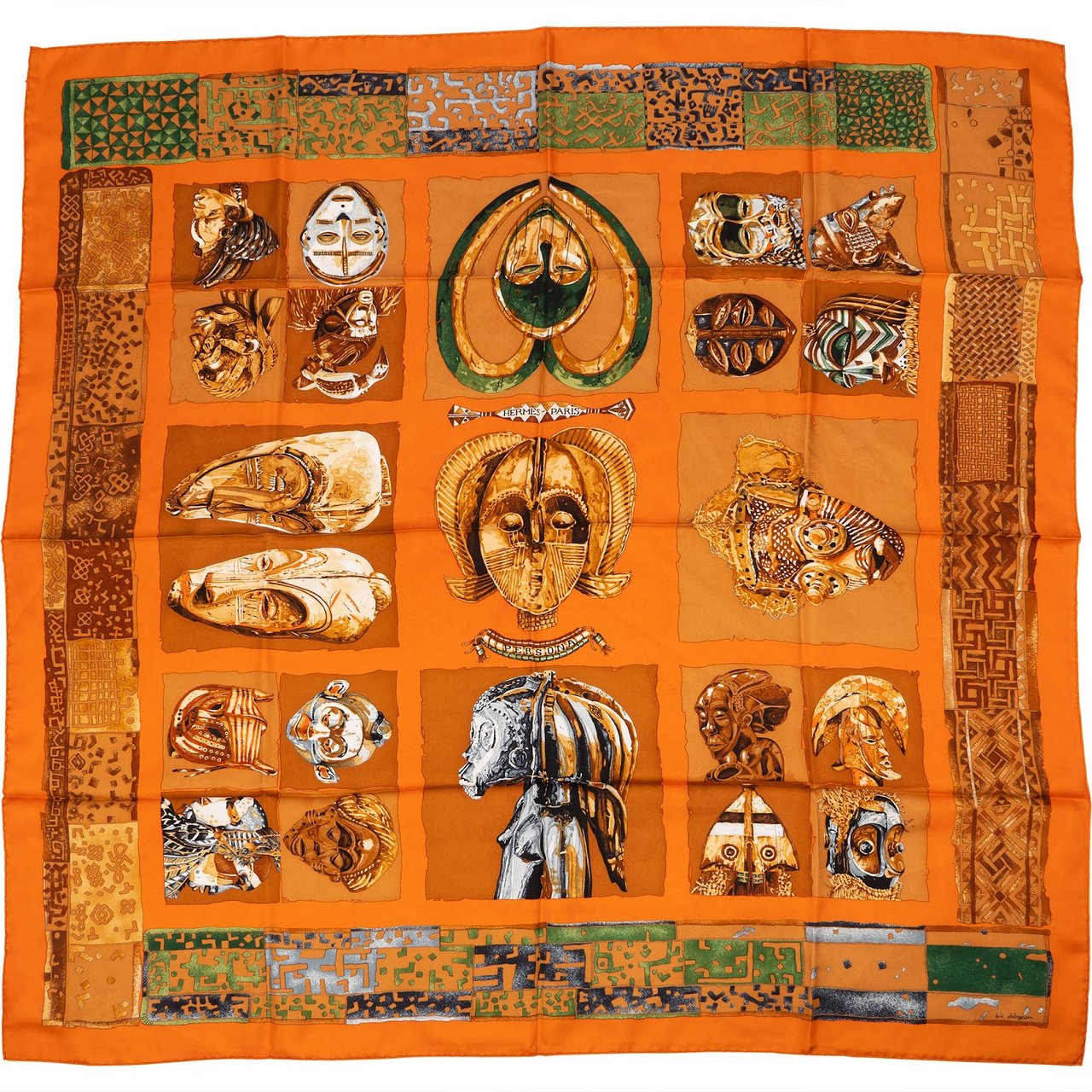 Hermès Les Masques Silk 90 Scarf Tuch Oranje