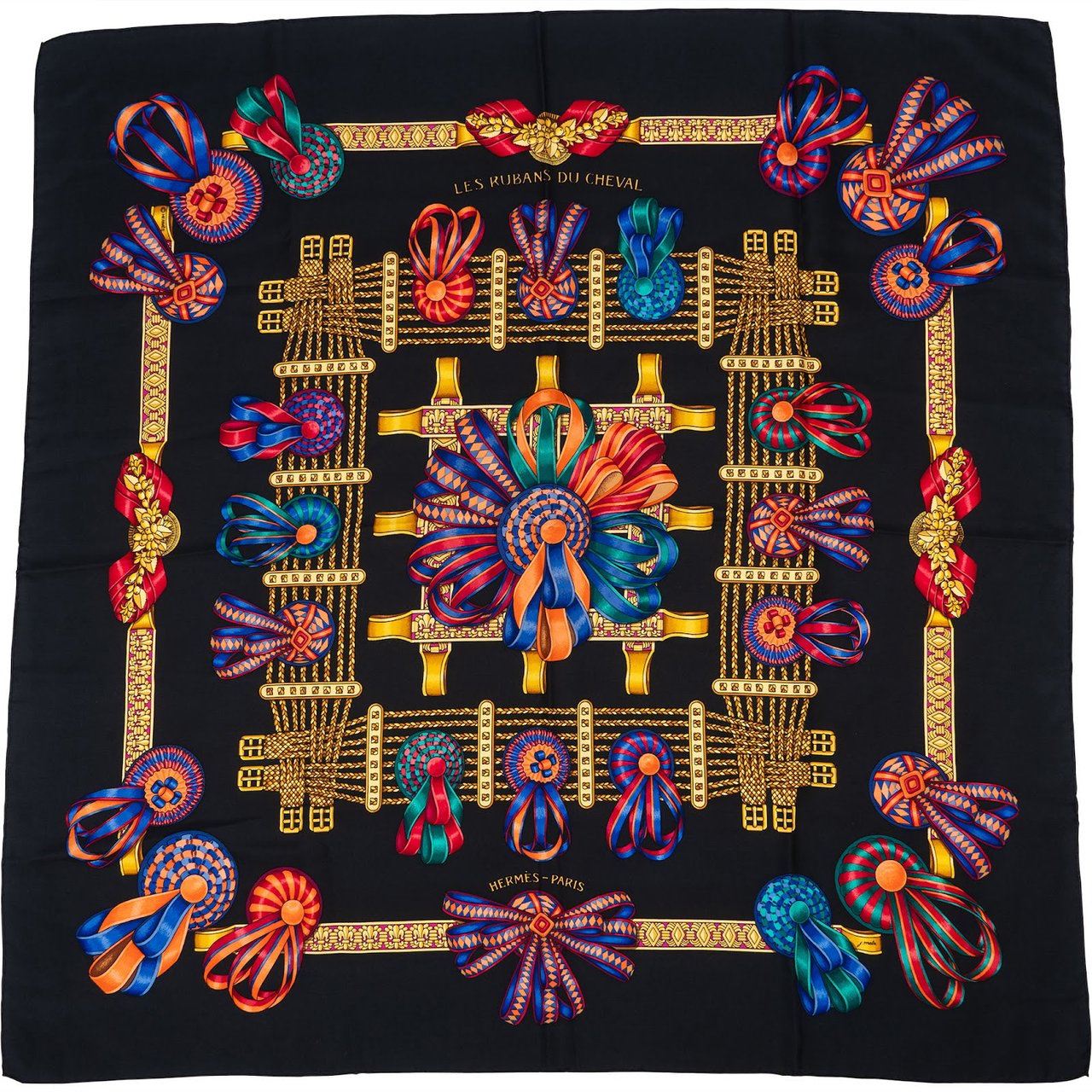 Hermès Noir Les Rubans du Cheval Silk Carre 90 Scarf Tuch Zwart