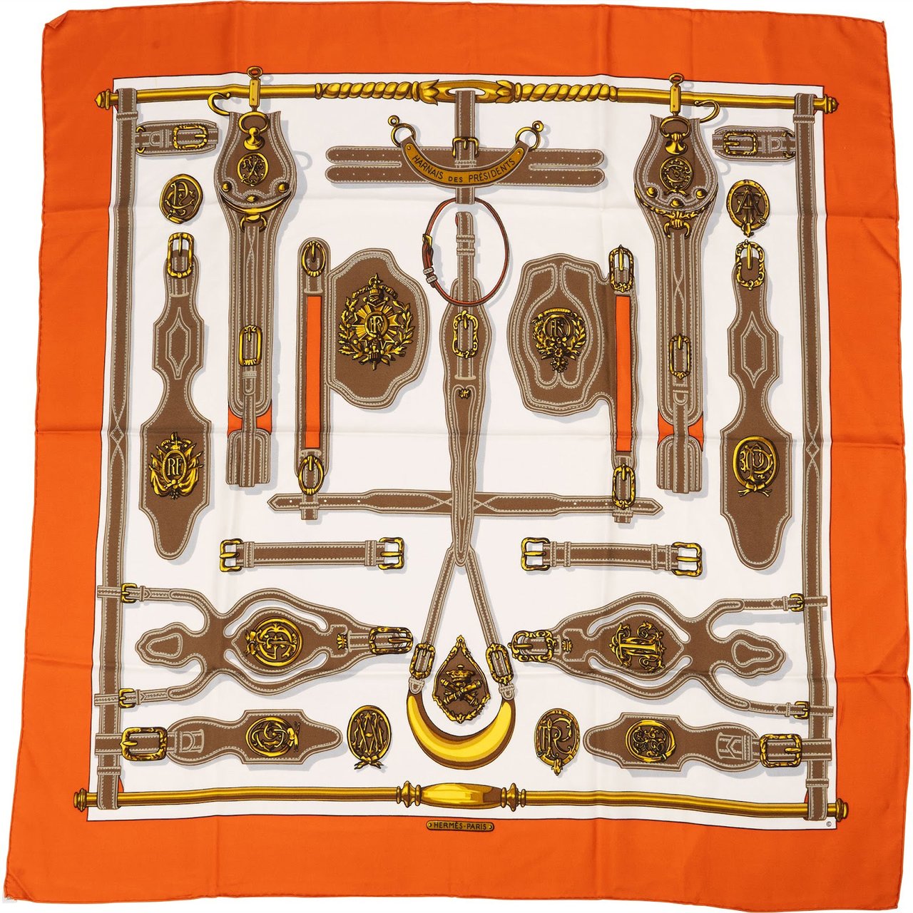 Hermès Harnais des Présidents Silk Carre 90 Scarf Tuch Oranje