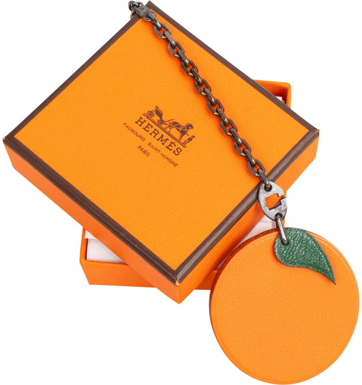 Hermès Orange Leather Fruit Apricot 925 Silver Keychain Bag Charm Oranje