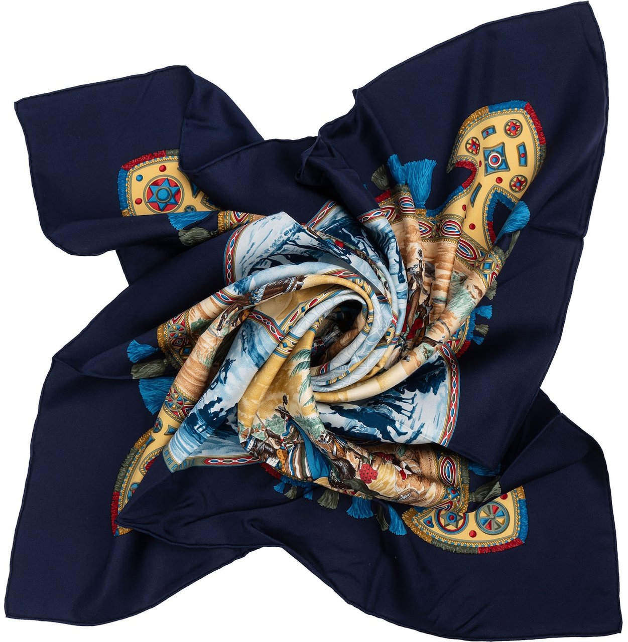 Hermès Les Cavaleries d'Or Silk Carre 90 Scarf Tuch Navy