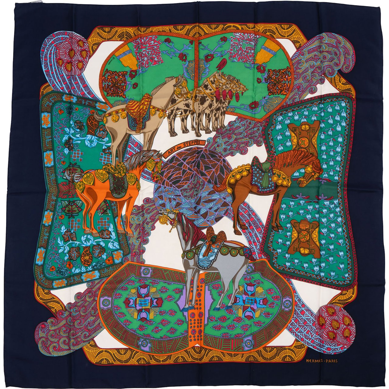 Hermès L'Art des Steppes Silk Carre 90 Scarf Tuch Navy