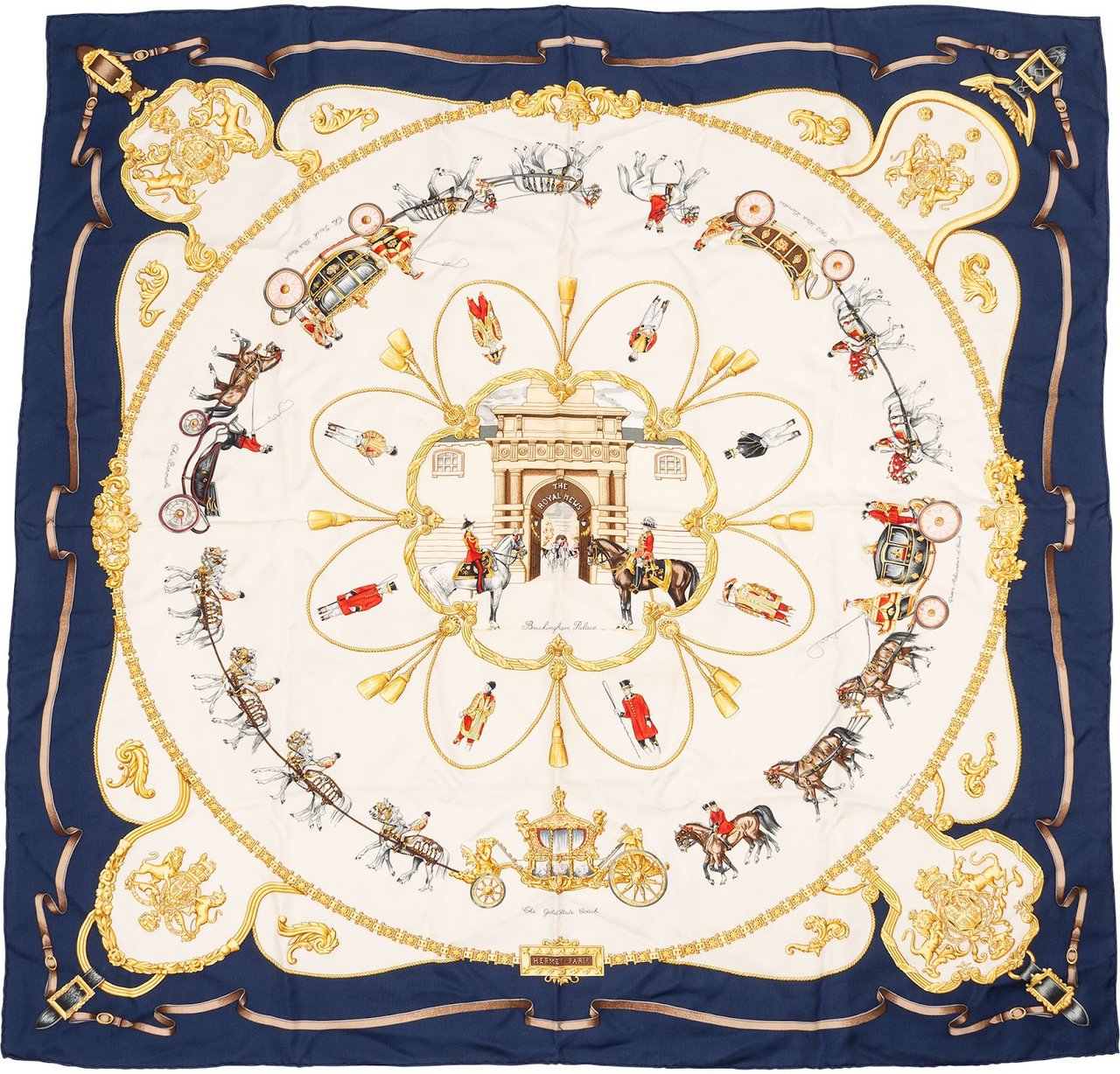 Hermès The Royal Mews Silk 90 Scarf Tuch Navy