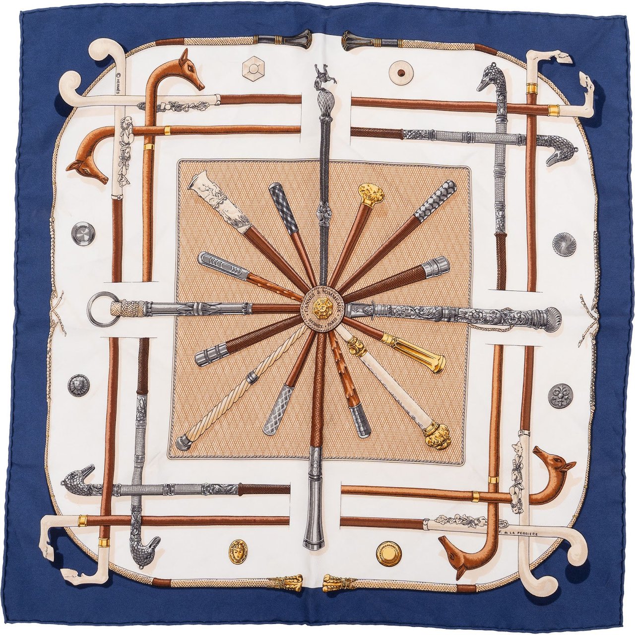 Hermès Canes & Pommeaux Silk 40 Scarf Tuch Blauw