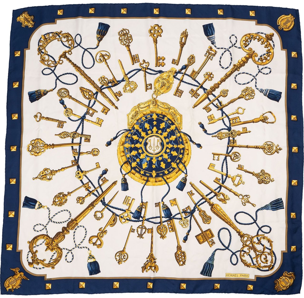 Hermès Les Clés Silk 90 Scarf Tuch Blauw