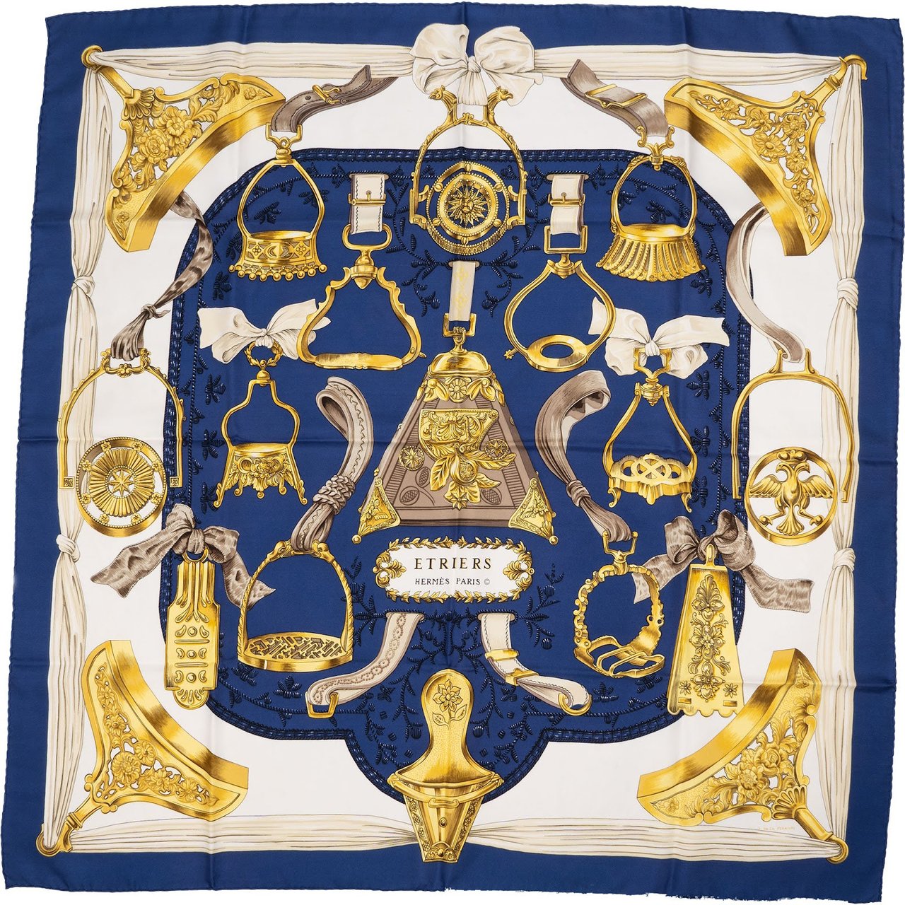 Hermès Etriers Silk Carre 90 Scarf Tuch Blauw