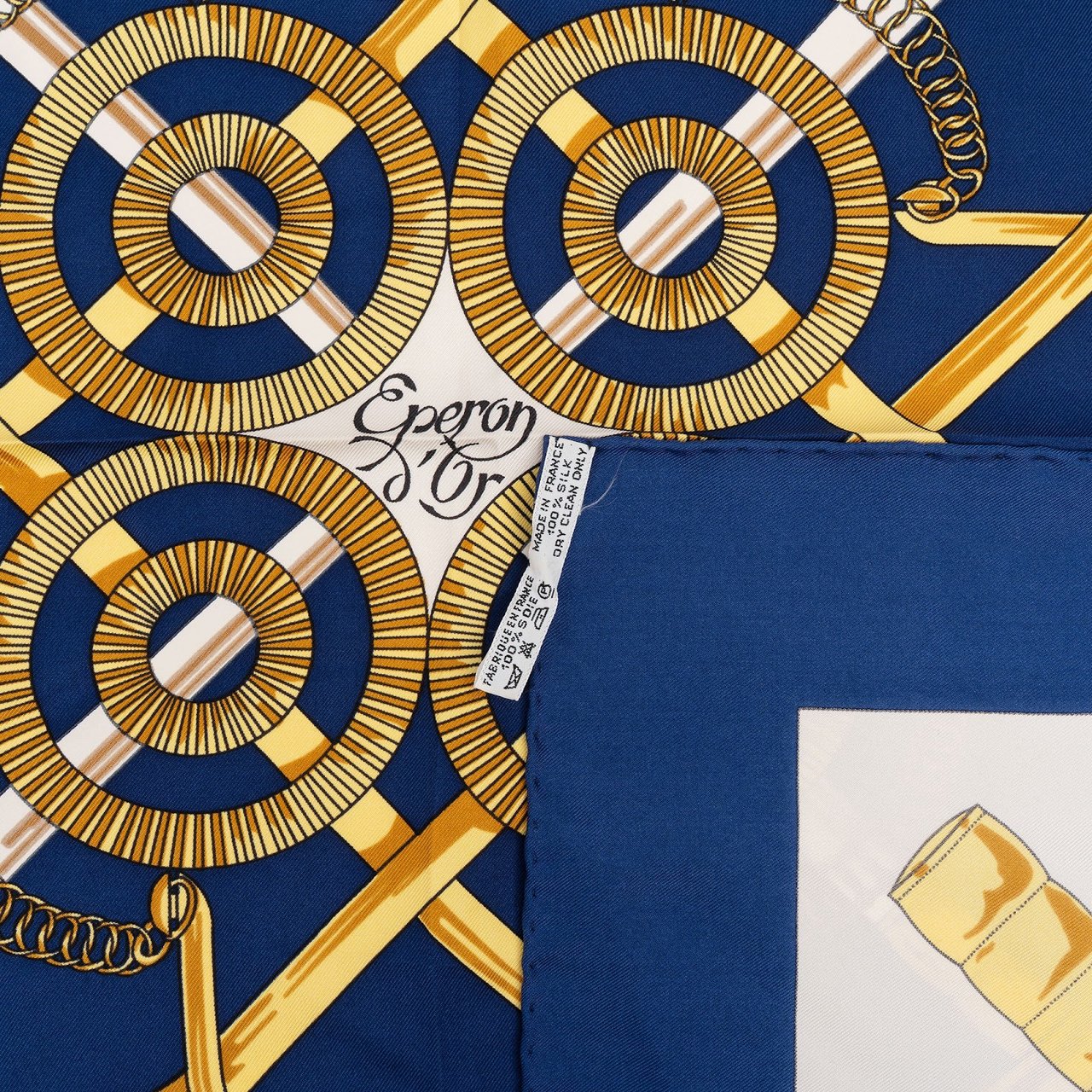 Hermès Éperon d'Or Silk Twill Silk 90 Scarf Tuch Navy