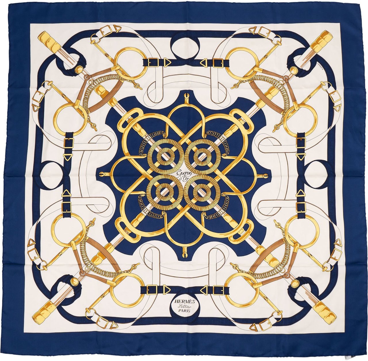 Hermès Éperon d'Or Silk Twill Silk 90 Scarf Tuch Navy
