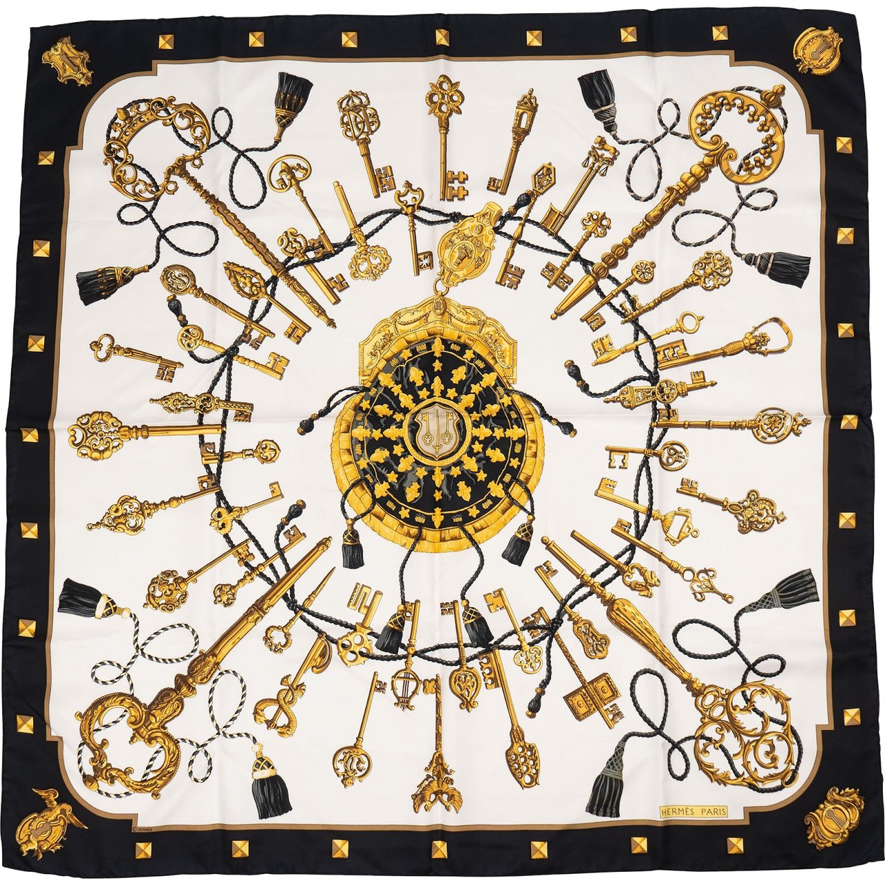 Hermès Les Clés Silk 90 Scarf Tuch Wit