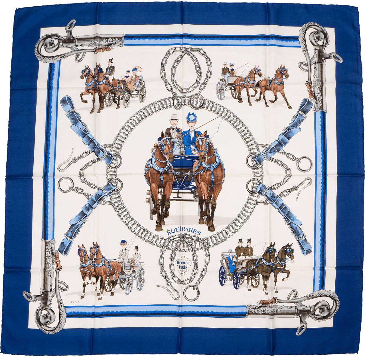 Hermès Equipages Silk Carre 90 Scarf Tuch Blauw