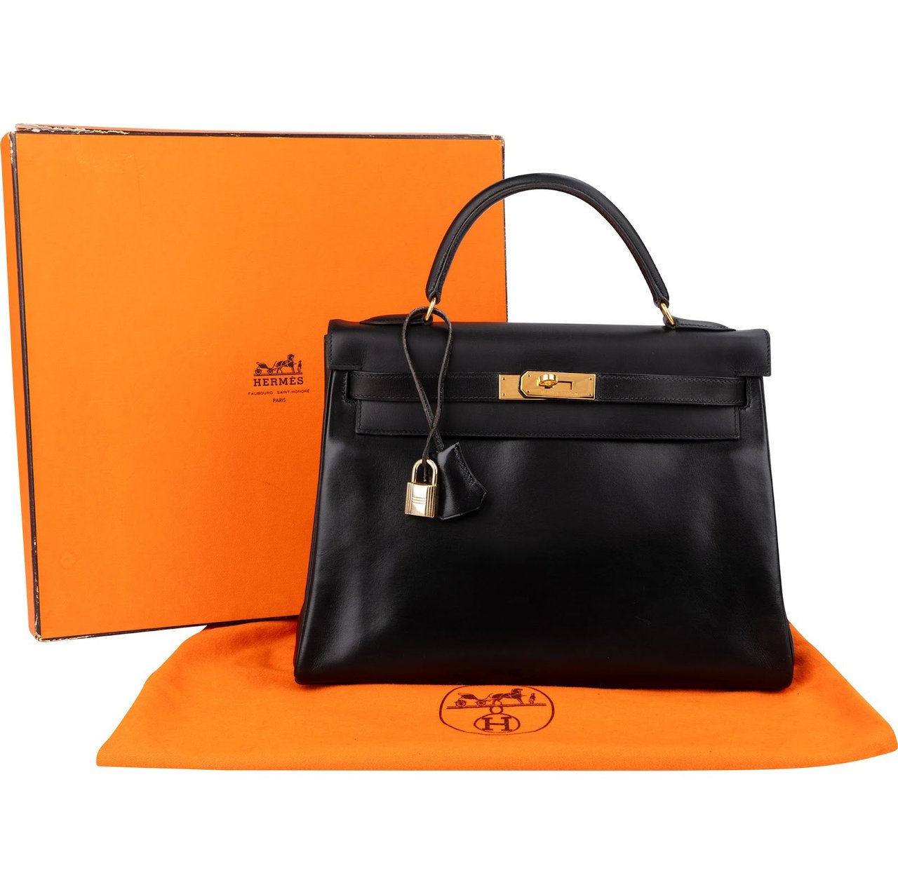 Hermès Noir Box Calf Leather Kelly 32 Handbag Zwart