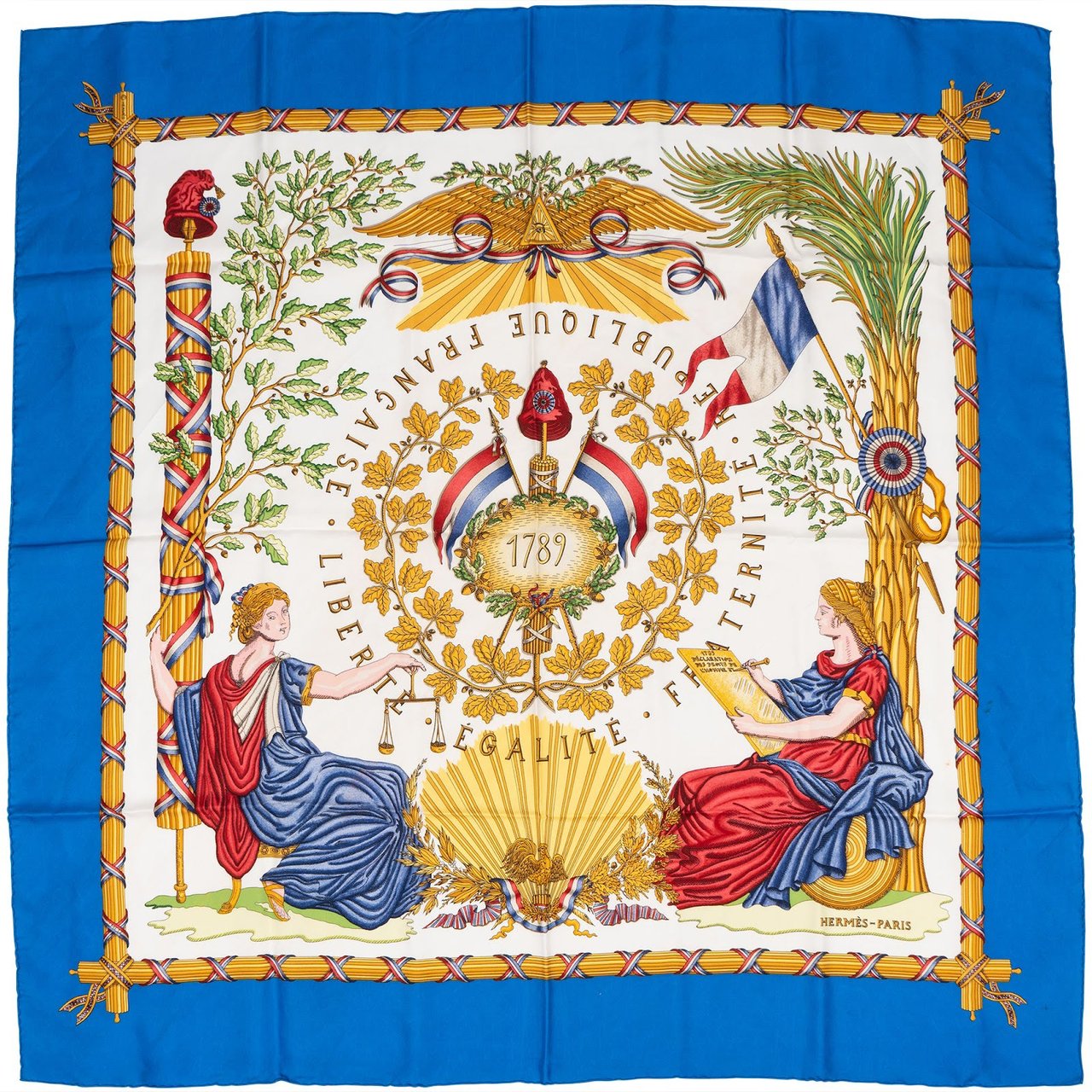 Hermès Liberté Égalité Fraternité Silk Carre 90 Scarf Tuch Blauw