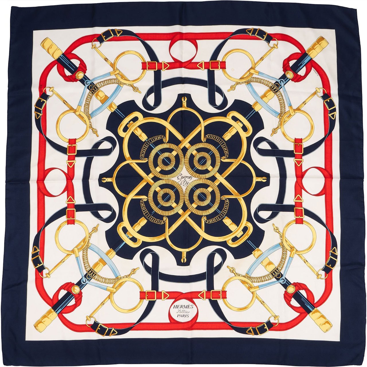 Hermès Eperon d'Or Silk Carre 90 Scarf Tuch Blauw