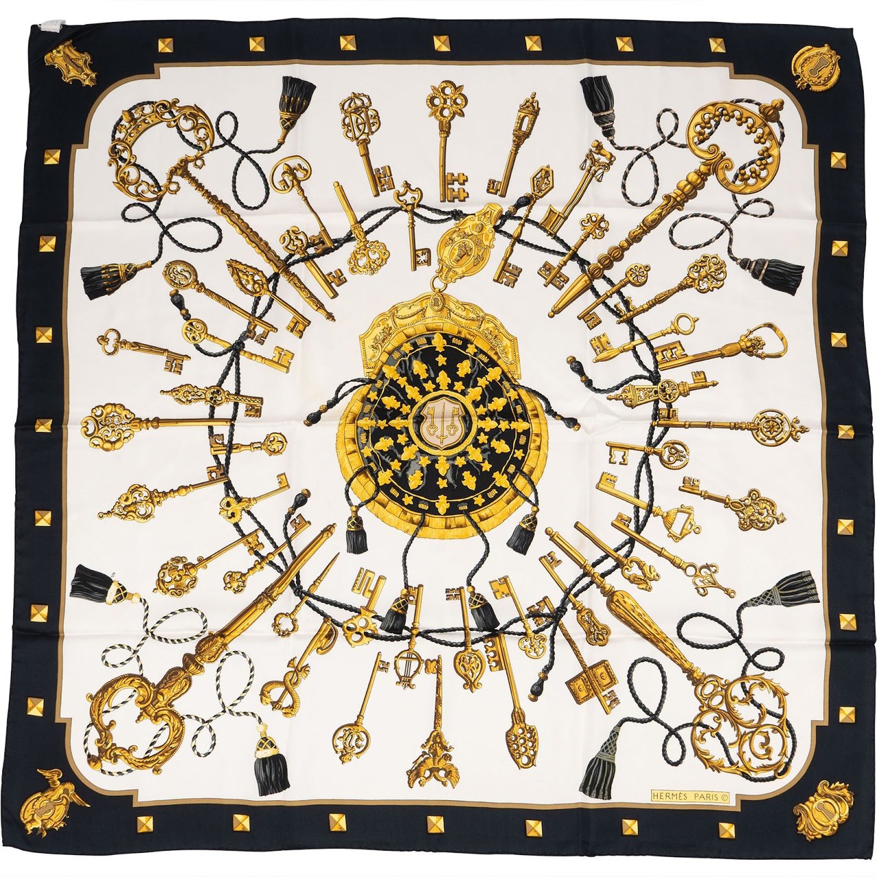 Hermès Les Clefs Pointues Silk 90 Scarf Tuch Wit