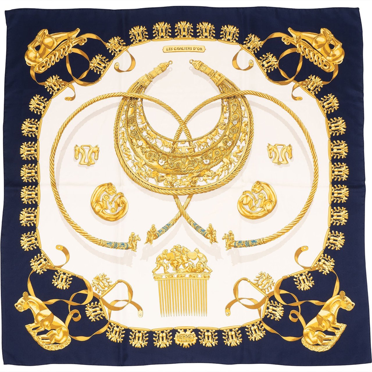 Hermès Les Cavaliers d'Or Silk 90 Scarf Tuch Navy