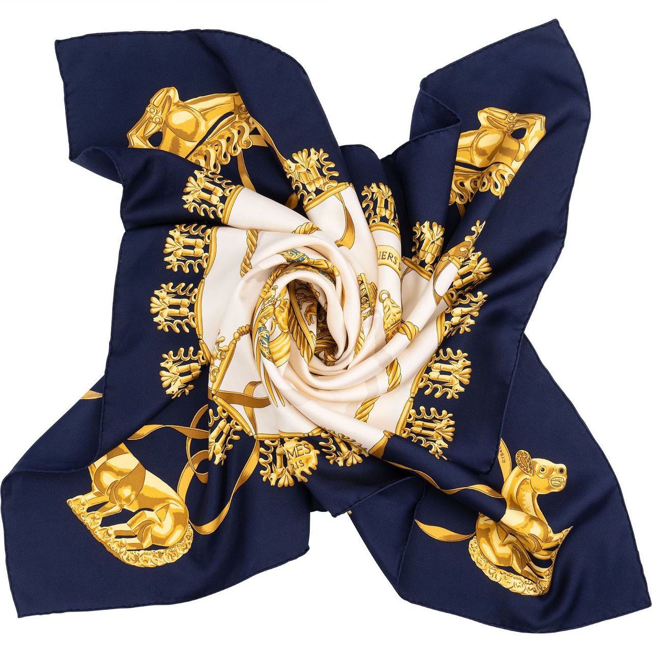 Hermès Les Cavaliers d'Or Silk 90 Scarf Tuch Navy