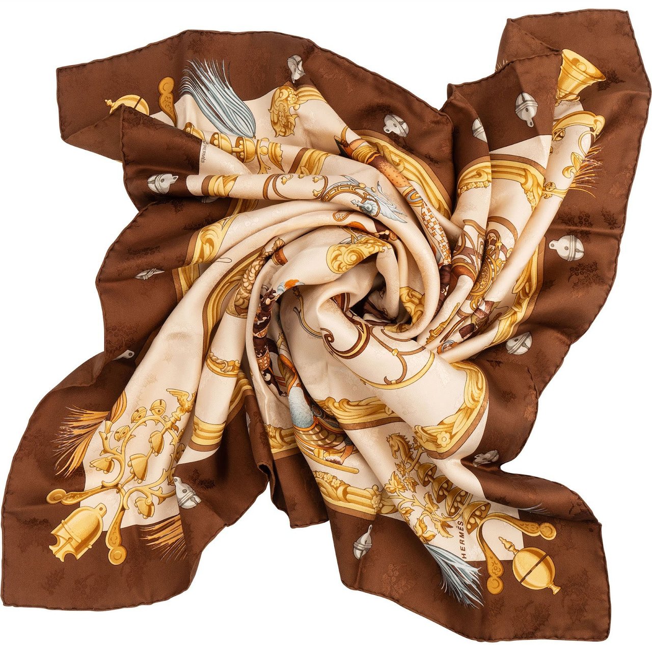 Hermès Plumes et Grelots Silk Carre 90 Scarf Tuch Bruin