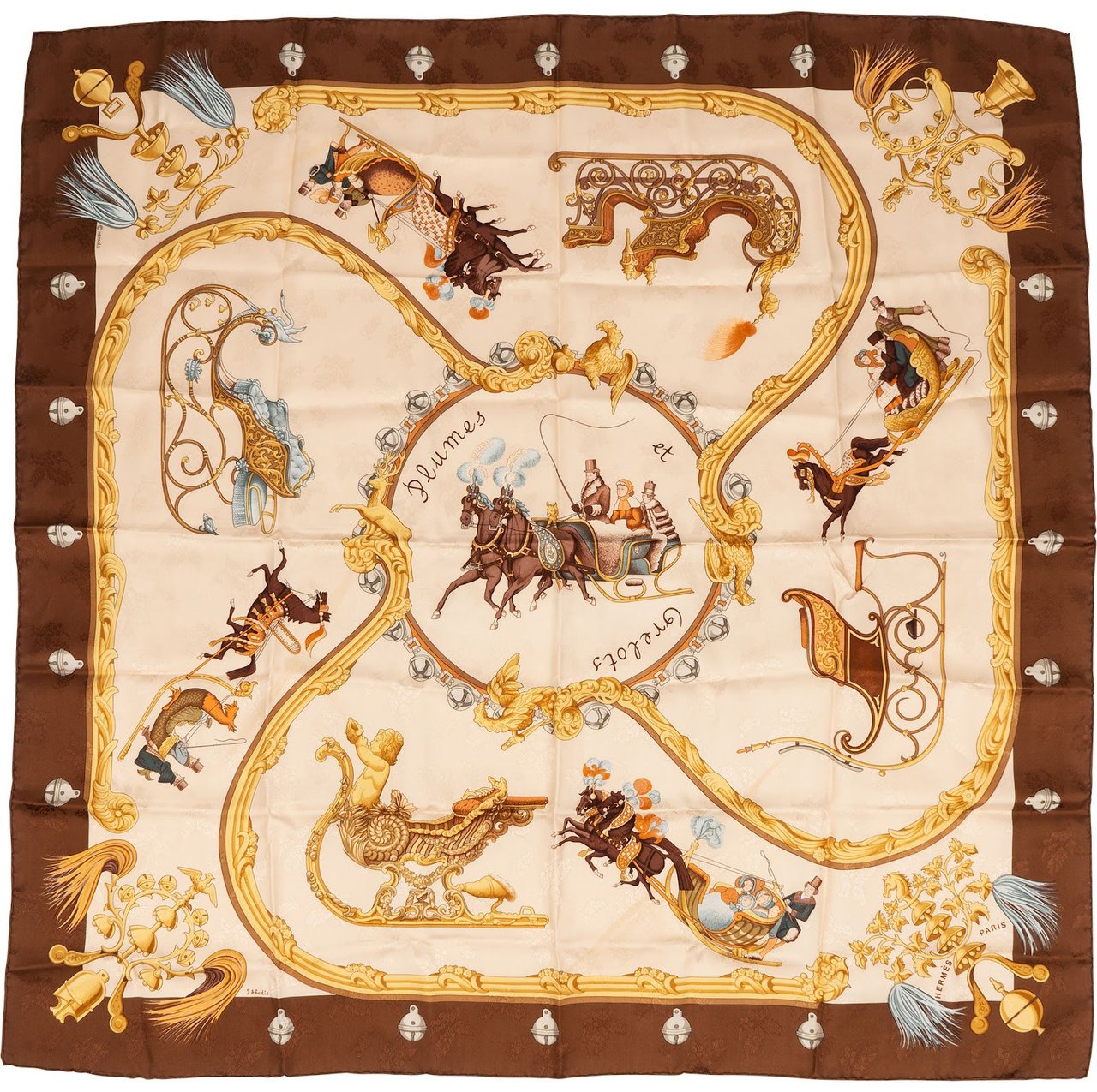 Hermès Plumes et Grelots Silk Carre 90 Scarf Tuch Bruin