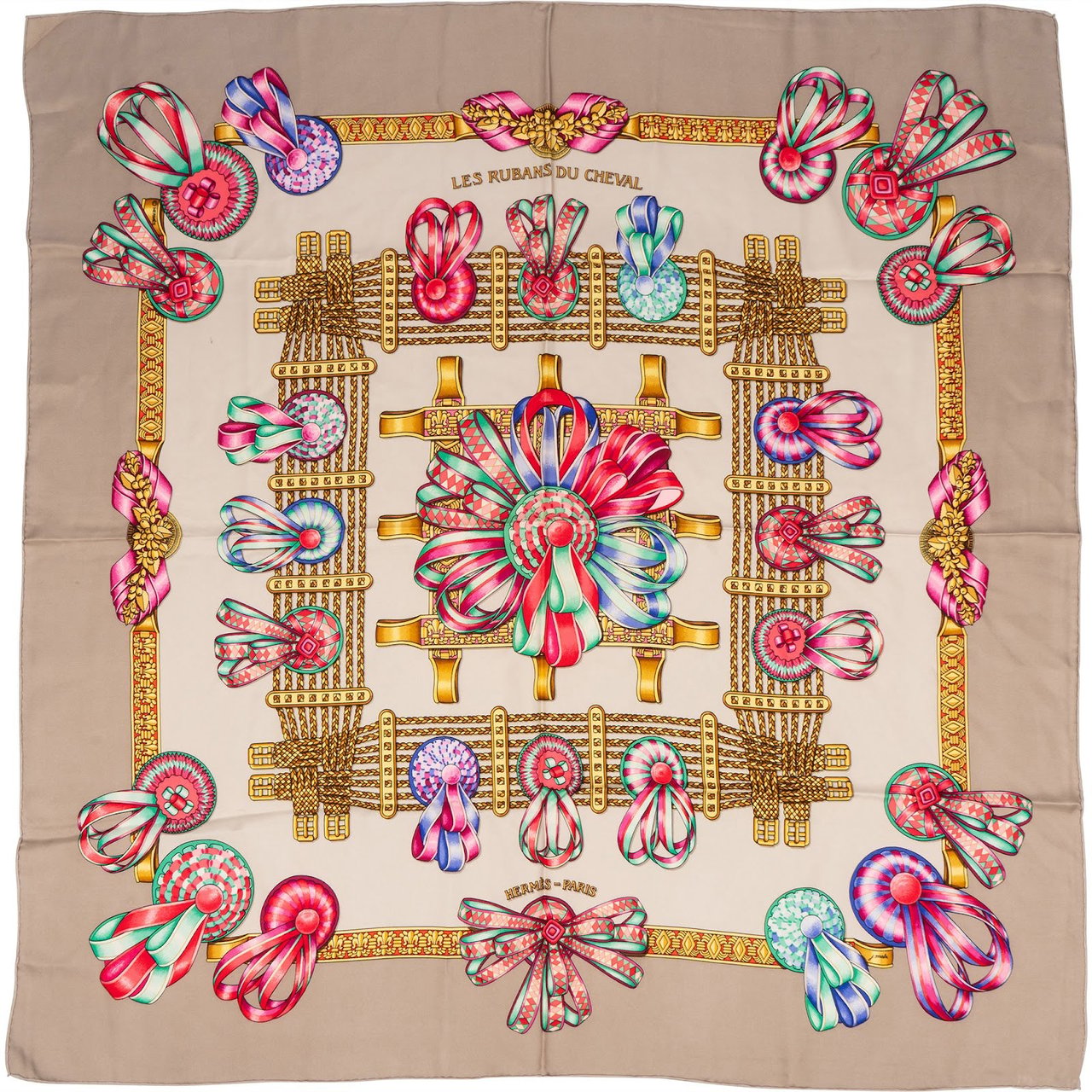 Hermès Les Rubans du Cheval Silk 90 Scarf Tuch Beige