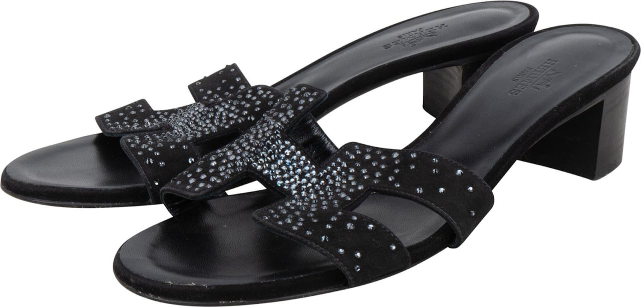 Hermès Special Edition Black Suede Crystal Oran Sandals (37) Zwart