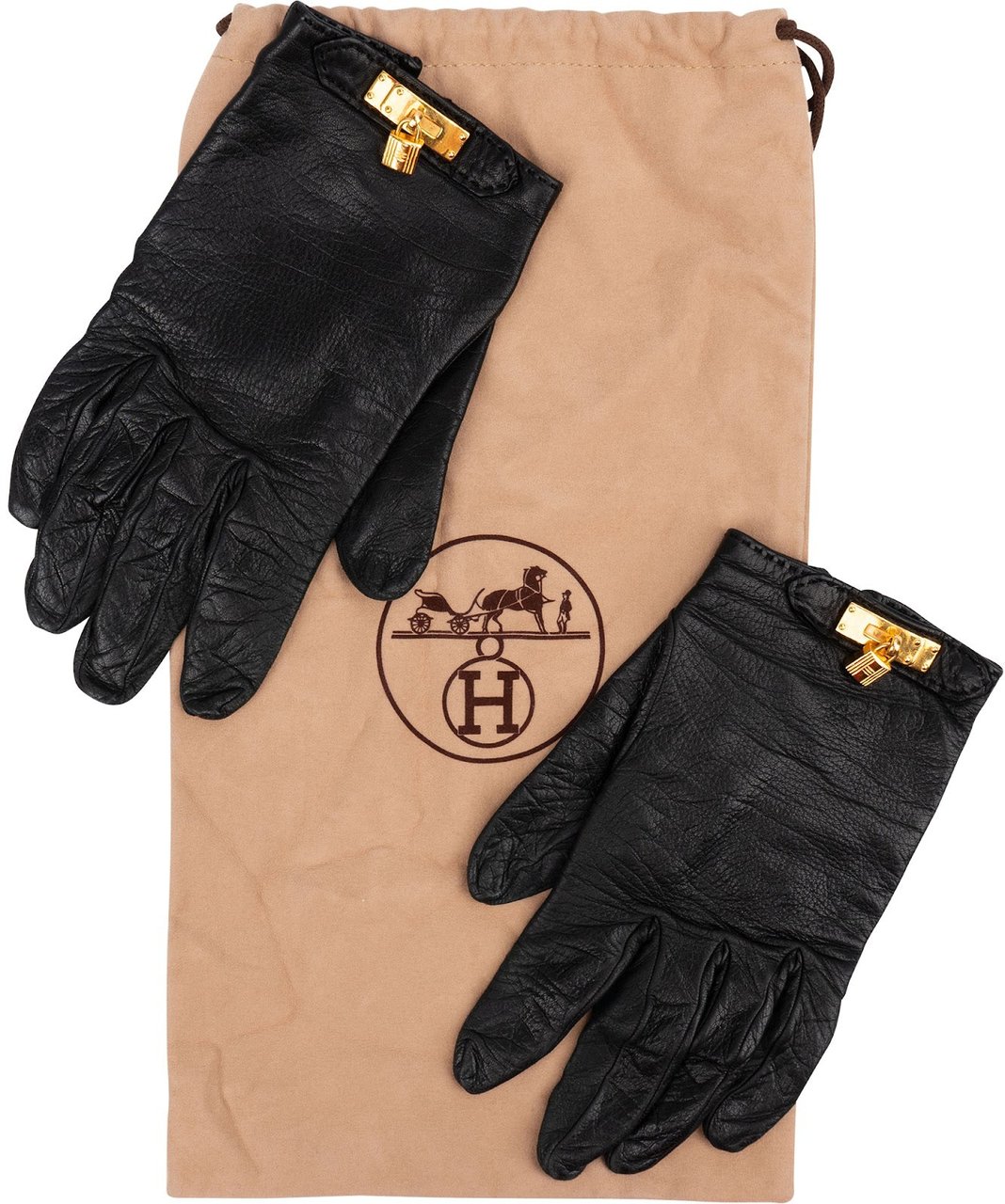 Hermès Black Leather Kelly Gloves Handschuhe Zwart