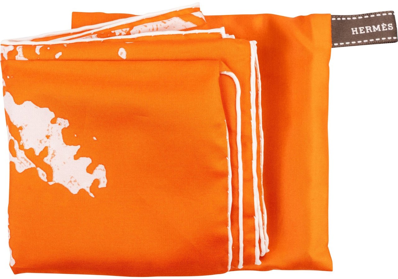 Hermès Ex-Libris Globe-Trotter Silk Tuch Scarf 70 Oranje