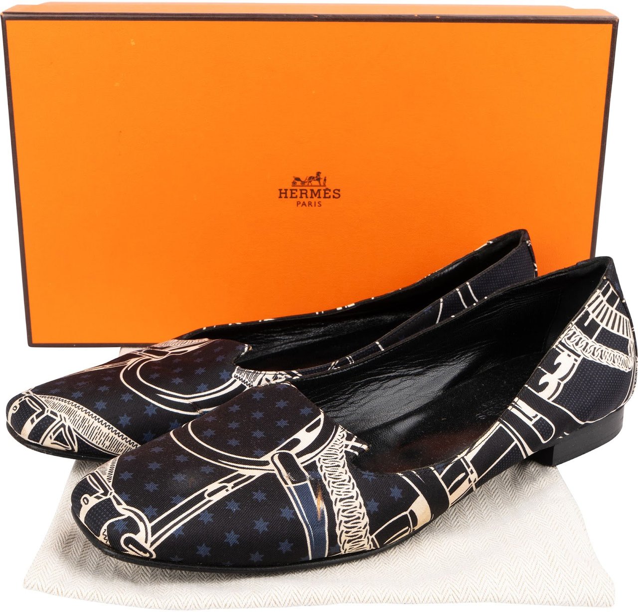 Hermès Equestrian Printed Loafers Flats (37) Navy